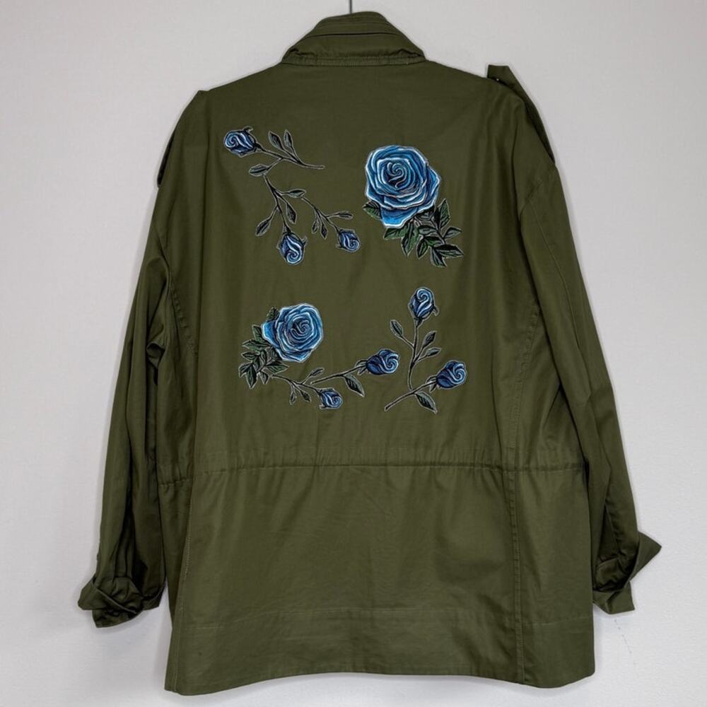 Military Style Statement Coat Embroidered Floral Utility Jacket Olive Green - Picture 2 of 10